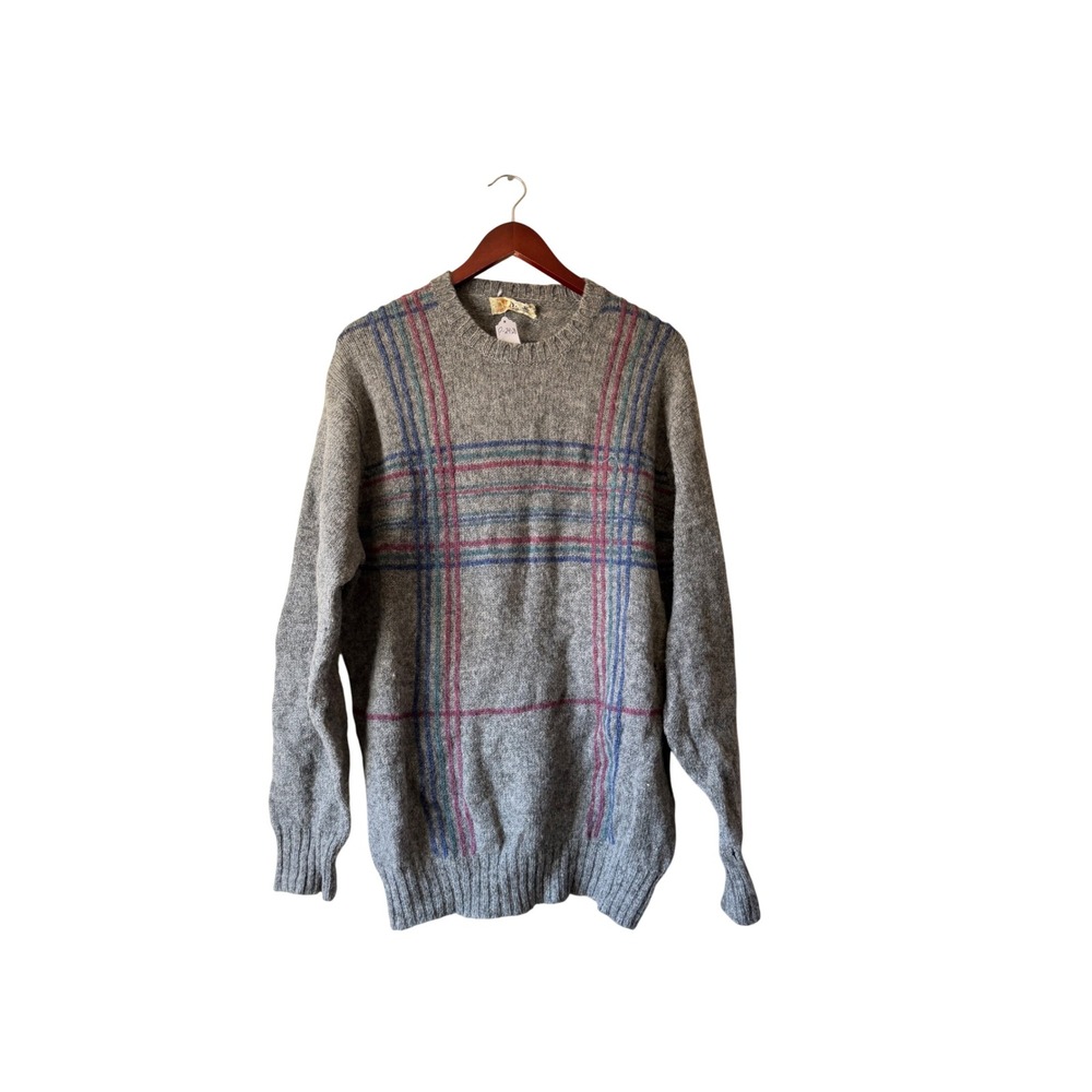 Pringle of Scotland Vintage Grey Shetland Wool Plaid Crewneck Sweater Mens XL